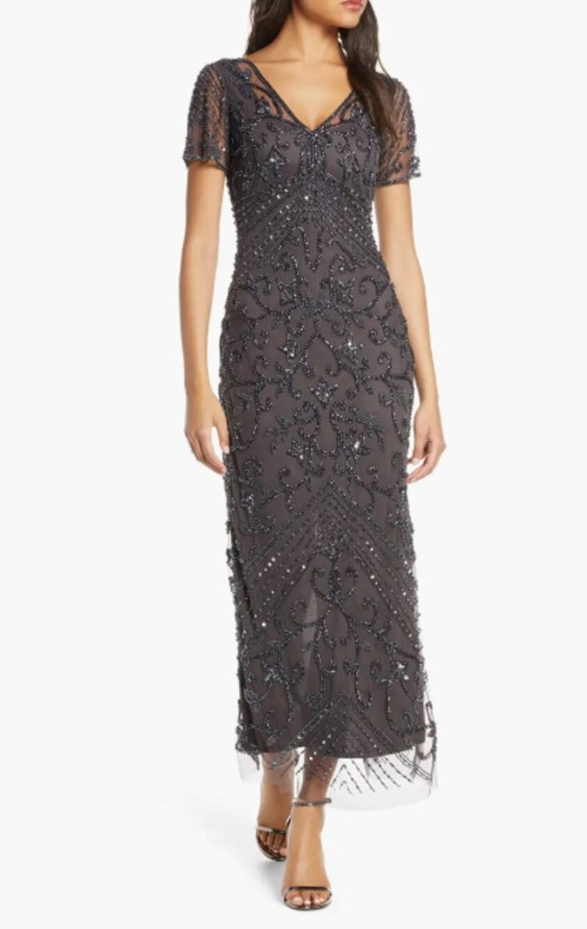 PISARRO NIGHTS Beaded Mesh Column Gown Size 2 Slate Gray Short Sleeve NWOT